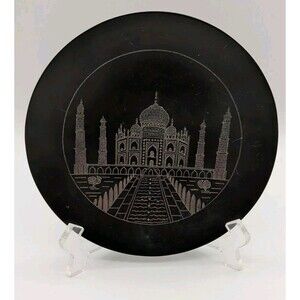 Taj Mahal Mother Of Pearl Inlay Black Marble Plate 6” Dura Stone Display